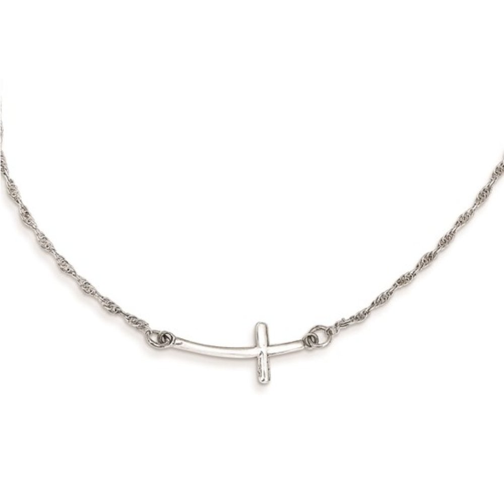 925 Sterling Silver Rhodium-plated Small Sideways Curved Cross Necklace
